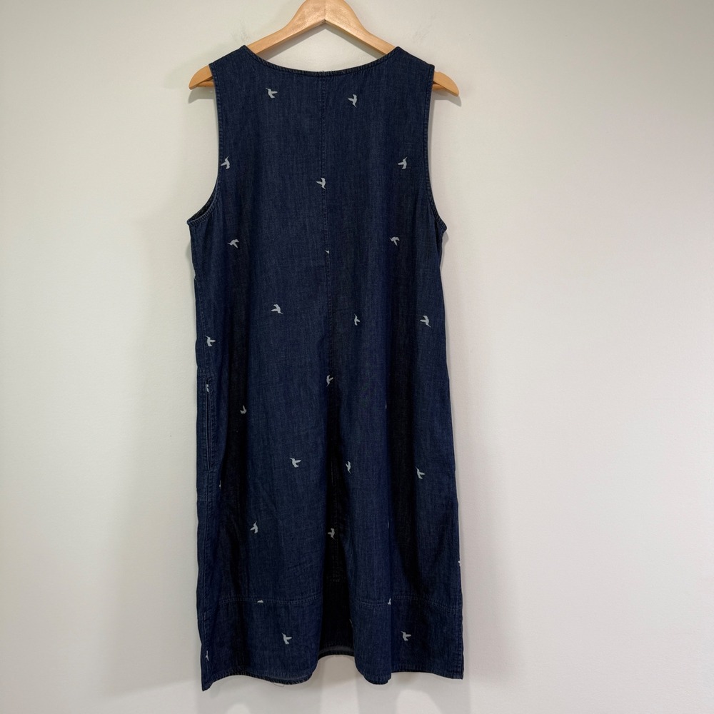Chambray Dark Denim Hummingbird Novelty Midi Dress L Sleeveless Pockets Cotton - Picture 8 of 9